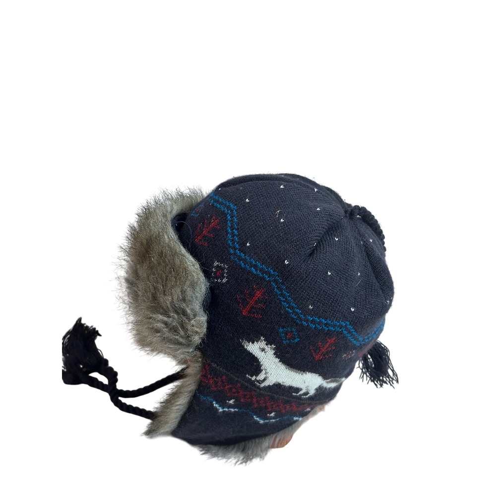 Fox Fair Isle Trapper Hat One Size Navy Blue Faux Fur Kids